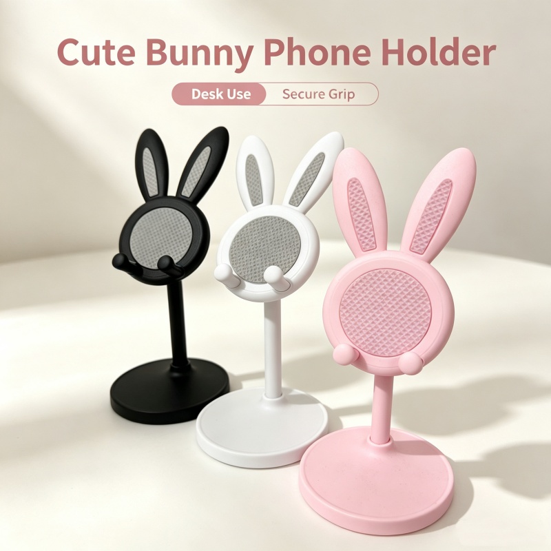 Desk Phone Stand - かわいいバニー電話スタンド調節可能なデスク電話ホルダー滑り止めポータブル電話 Kindle IPad スイッチ付き寝室デスクトップブラケット