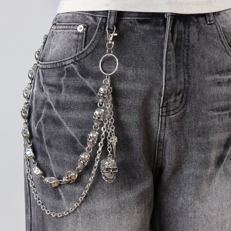 Phone Accessories Hanging - 多層スカルビーズパンツチェーン ゴシックパンクメタルウエストチェーン ユニセックスジーンズキーリング ロックストリートファッションアクセサリー