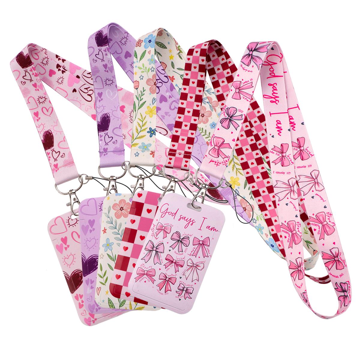 Neck Hanging Phone Holder - かわいいピンクのハート型リボン花柄ネックストラップキーホルダー、IDカードカバー、バッジホルダー、携帯電話用ハングロープキーリングアクセサリー