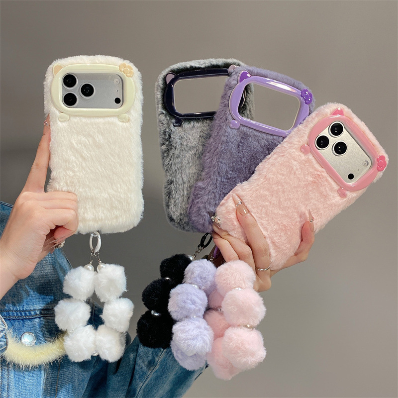 Phone Accessories Kiosk - 高級感のある無地のファー素材のプラッシュフォンケース iPhone 17 Air 16 15