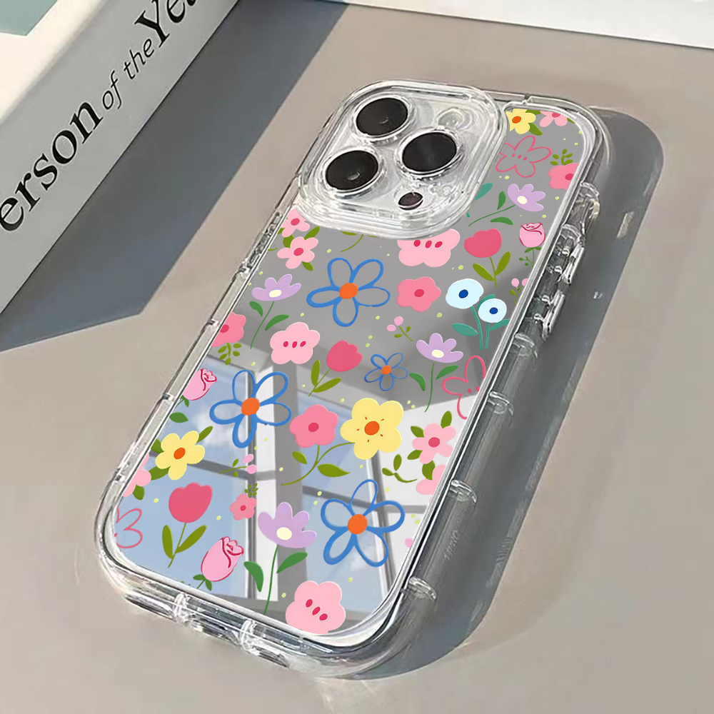 Phone Accessories Kiosk - 韓国風花柄シルバーミラー付きスマホケース iPhone 17 Pro Max 15