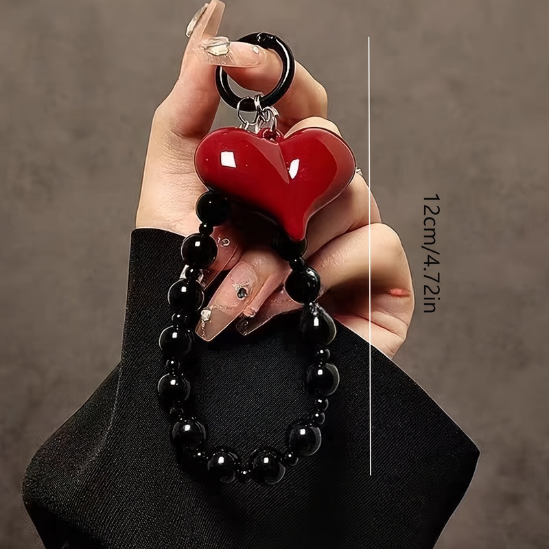 1個入り赤い大きなハートの黒ビーズ付き携帯ストラップ、手作り - Phone Accessories Hanging のレビューと価格