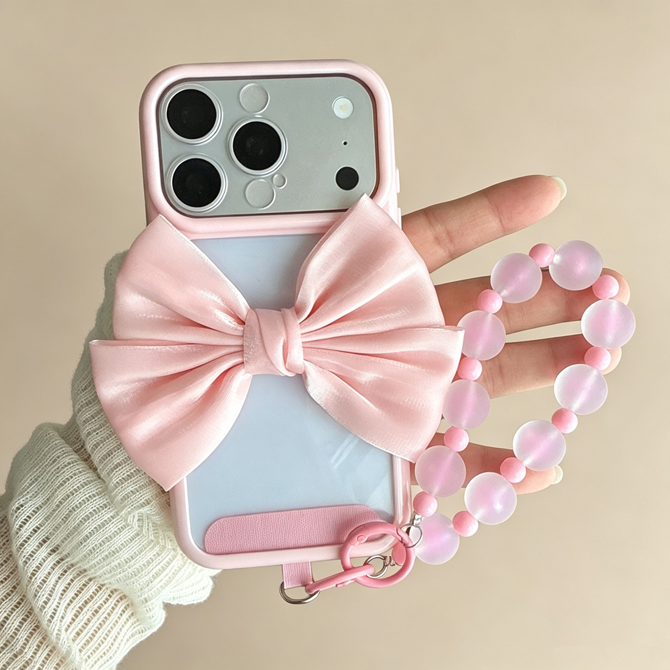 ボウピンクフレームクリアフォンケース、ビーズ付きリストストラ - Phone Accessories Crochet のレビューと価格